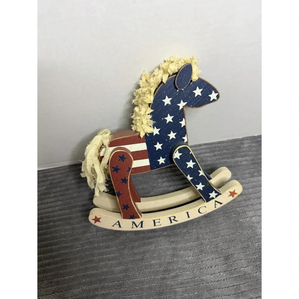 Patriotic Rocking Horse Décor Wooden with American flag design